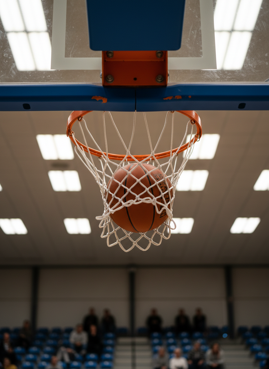 A dynamic photographic scene of a basketball swooshing cleanly through a white nylon net, captured mid-motion from below the transparent backboard. The rim is painted in bright orange with minor scuffs hinting at frequent play, mounted on a sturdy blue bracket that matches Gorinchem club colors. Above, diffused indoor arena lights create a soft glow, rim-lighting the ball’s textured surface as it passes through. The background is gently blurred bleachers in muted tones, suggesting a community gym. The angle is dramatic low-angle, emphasizing the height of the basket and the thrill of scoring. The mood is energetic and playful, ideal for illustrating game excitement on a local club site.
