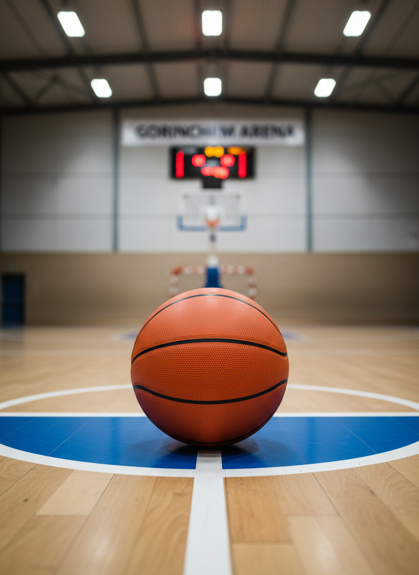 A close-up, photographic image of an official-size orange basketball resting precisely on the center of a well-maintained indoor court in Gorinchem, the ball’s pebble-grain texture and black seams rendered in crisp detail. Beneath it, the subtle curve of a blue and white center-circle line arcs through the frame. Overhead spotlights cast soft, even illumination, creating a clean reflection on the varnished wood and a gentle halo around the ball. Shot from an eye-level, side-on perspective with shallow depth of field, the ball is in perfect focus while the distant hoop and scoreboard dissolve into a soft, playful blur, evoking local amateur passion and anticipation before tip-off.